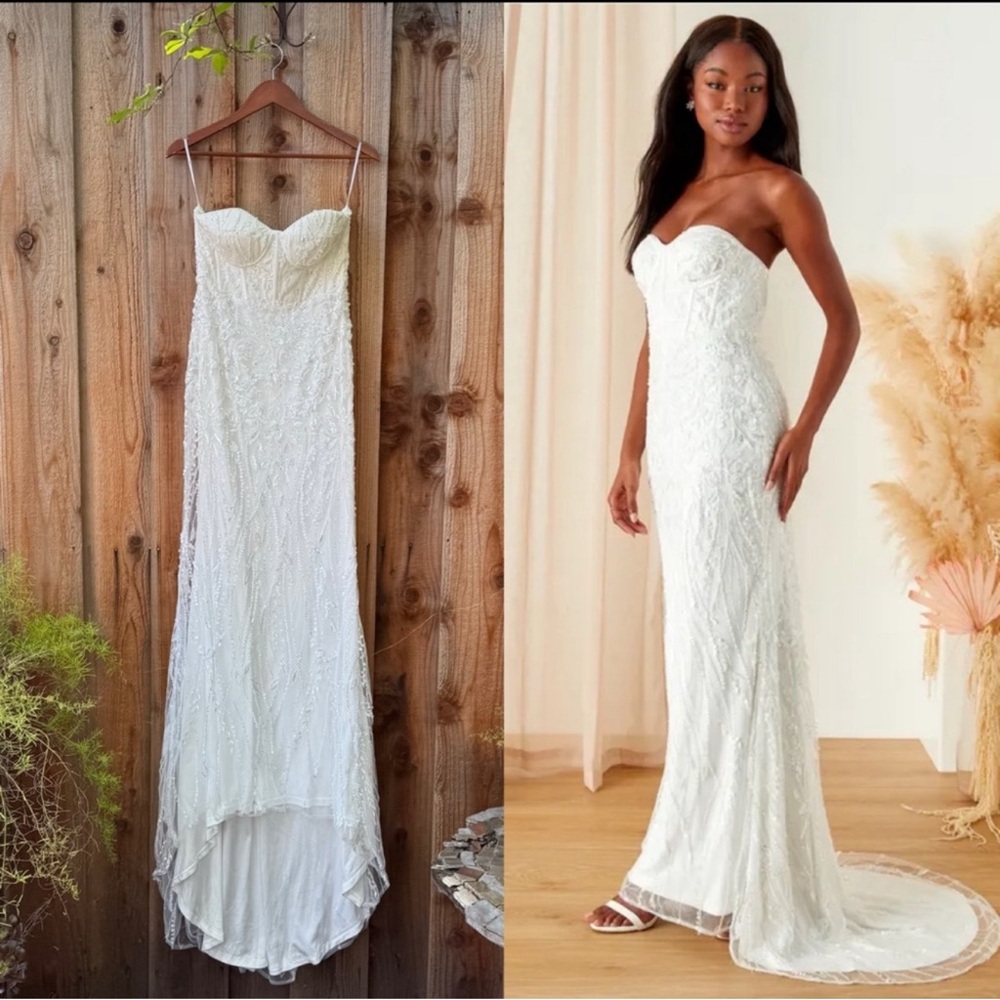 White Sparkly Sequin Embroidered Bustier Maxi Dress w/ Train 🌿